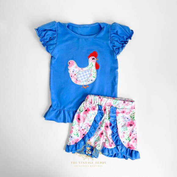 NWT Pretty Girls Top & Shorts Matching Set Embroidered Patchwork Little Hen 3T - Picture 1 of 3